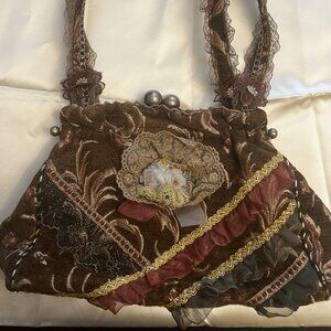 Handmade Earthy Purse with Ribbon & Lace | Silver Hardware & Floral Accent